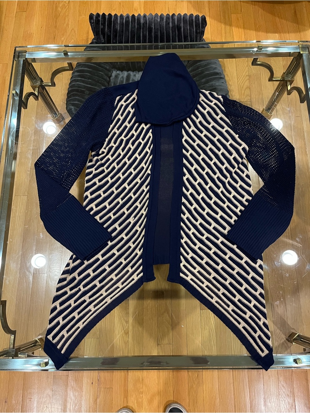 One A Navy and Cream Hooded Open-Front Cardigan